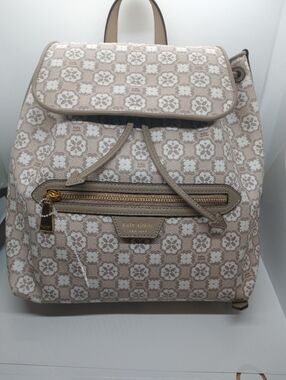 Kate Spade Flower Monogram Mia Flap Women's Backpack Taupe White Excellent Condi